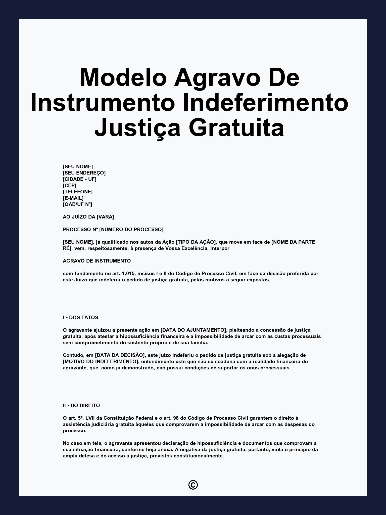 Modelo Agravo De Instrumento Indeferimento Justiça Gratuita