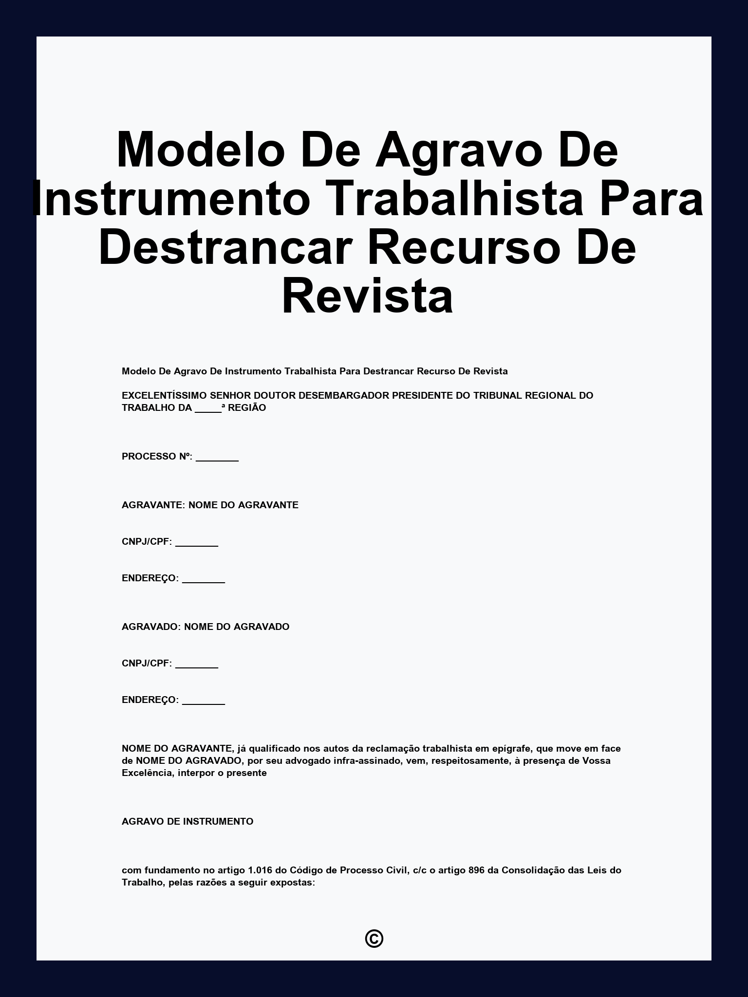 Modelo De Agravo De Instrumento Trabalhista Para Destrancar Recurso De Revista
