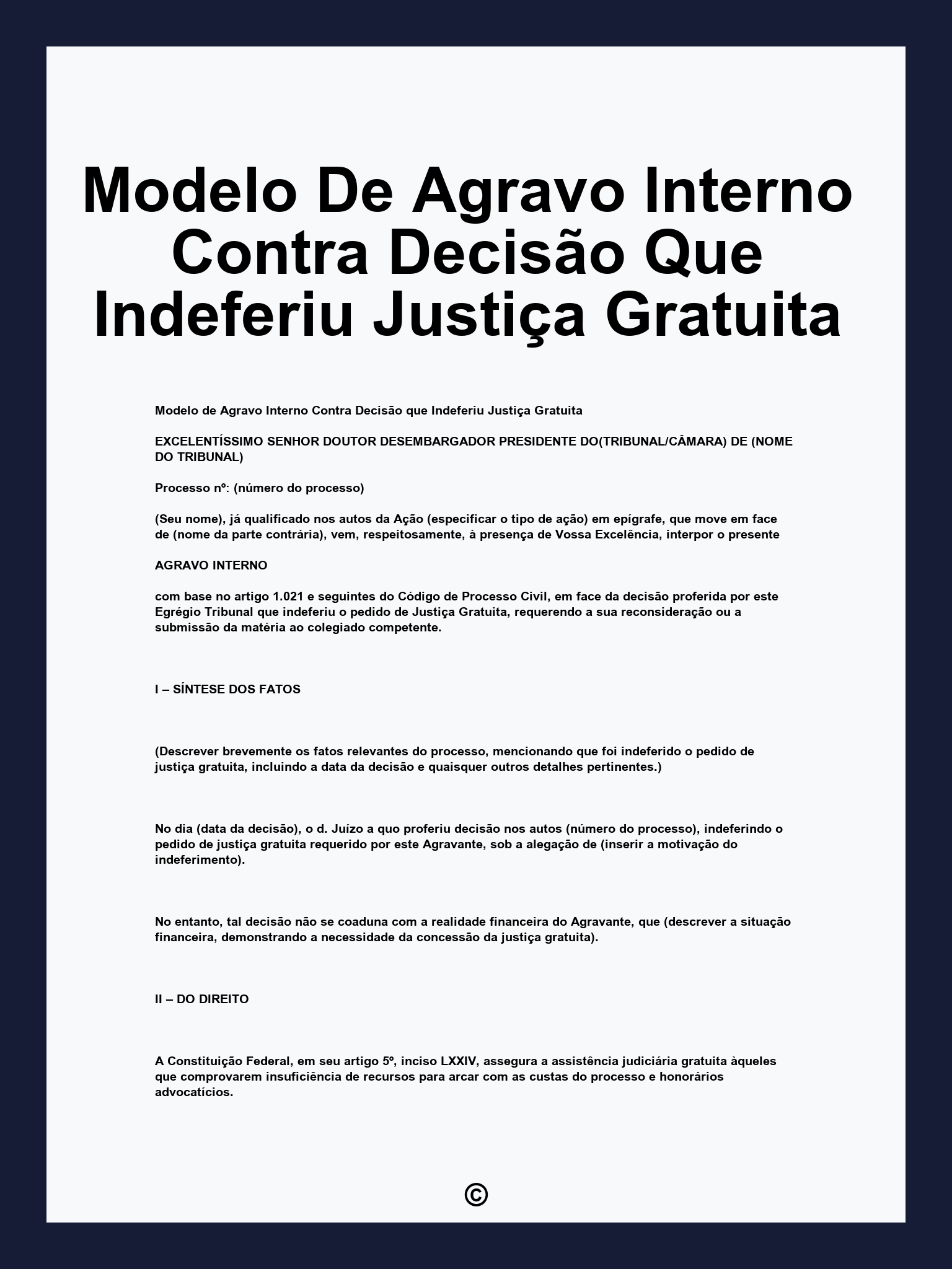 Modelo De Agravo Interno Contra Decisão Que Indeferiu Justiça Gratuita