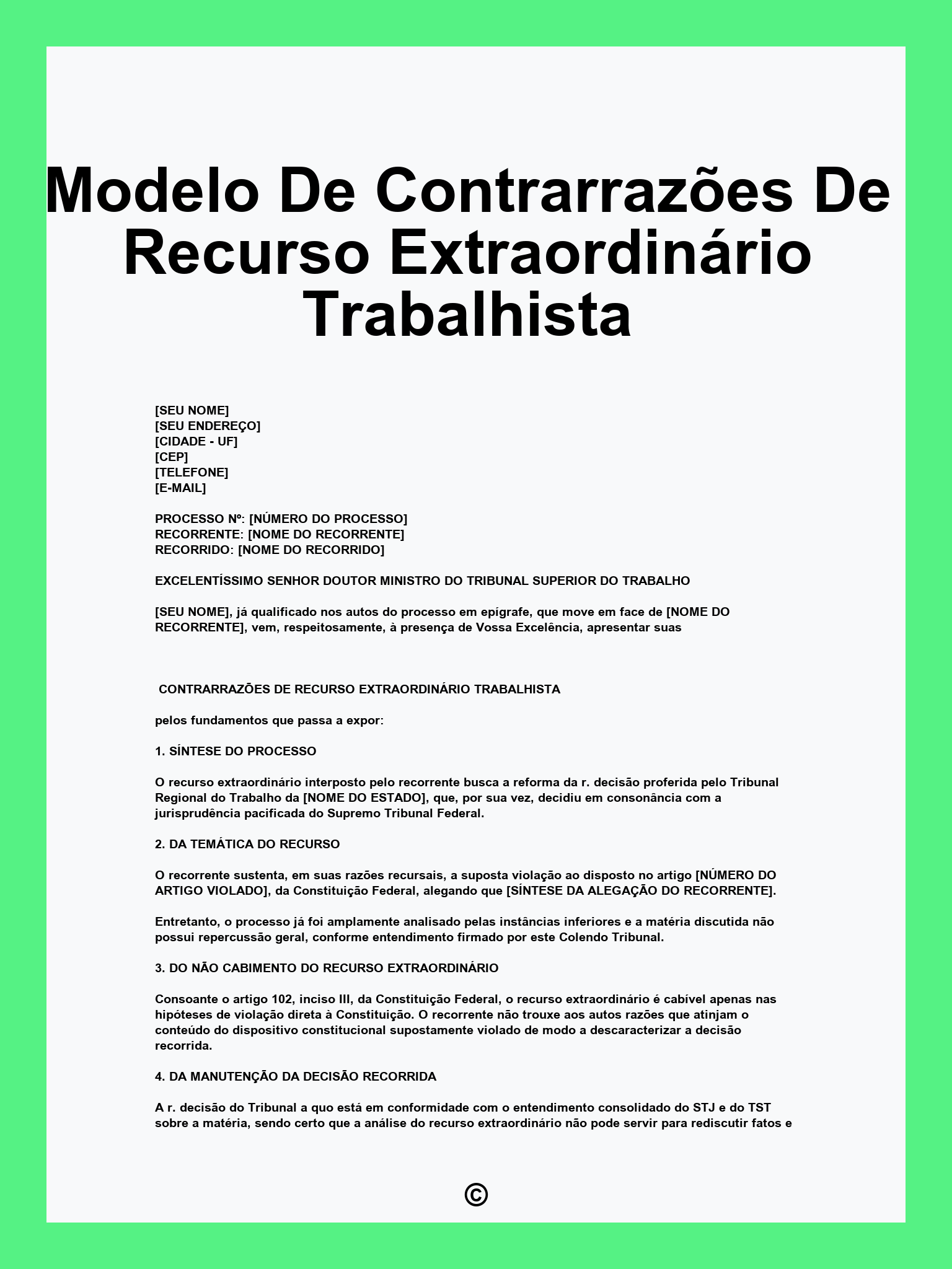 Modelo De Contrarrazões De Recurso Extraordinário Trabalhista