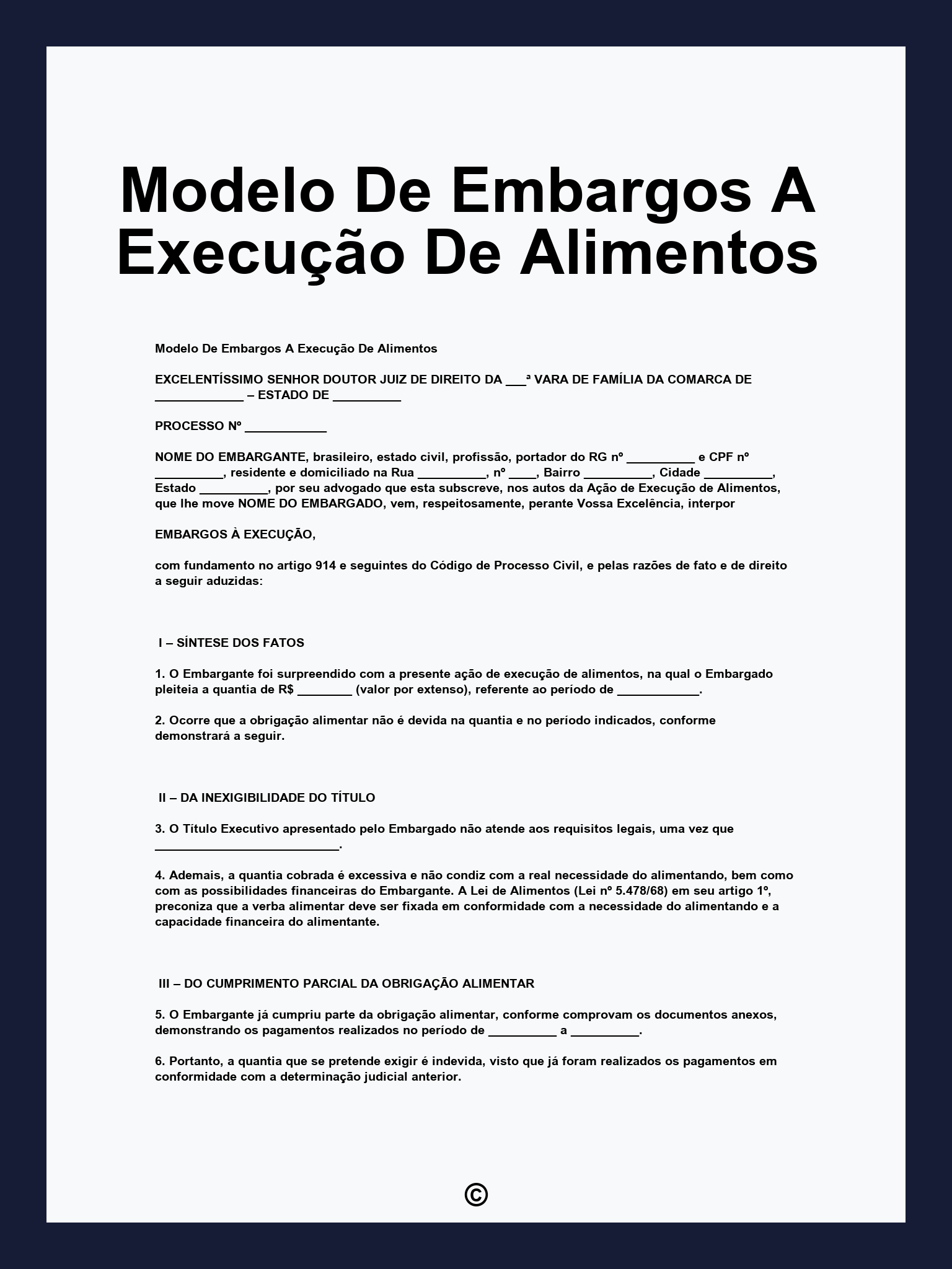 Modelo De Embargos A Execução De Alimentos