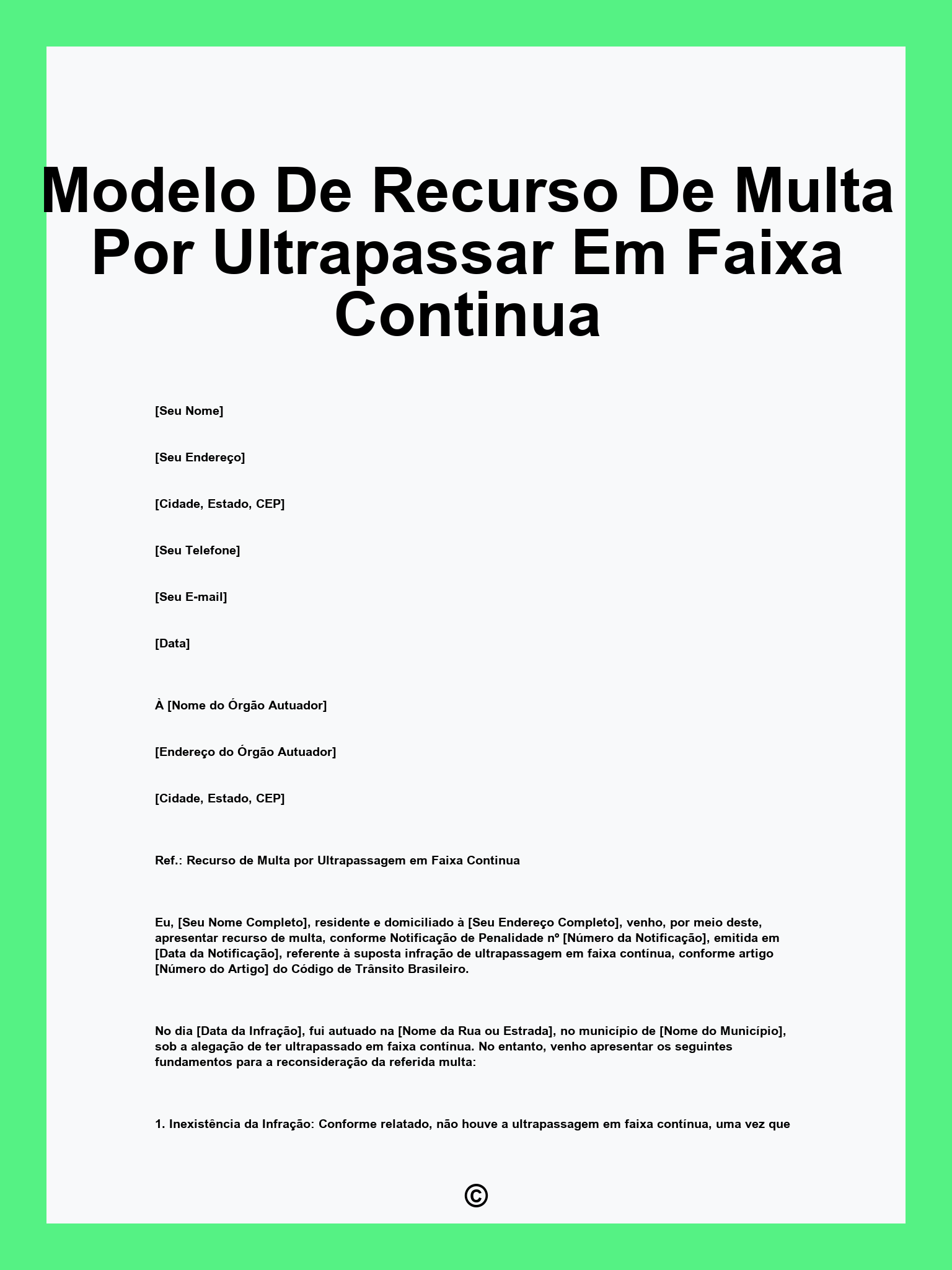 Modelo De Recurso De Multa Por Ultrapassar Em Faixa Continua