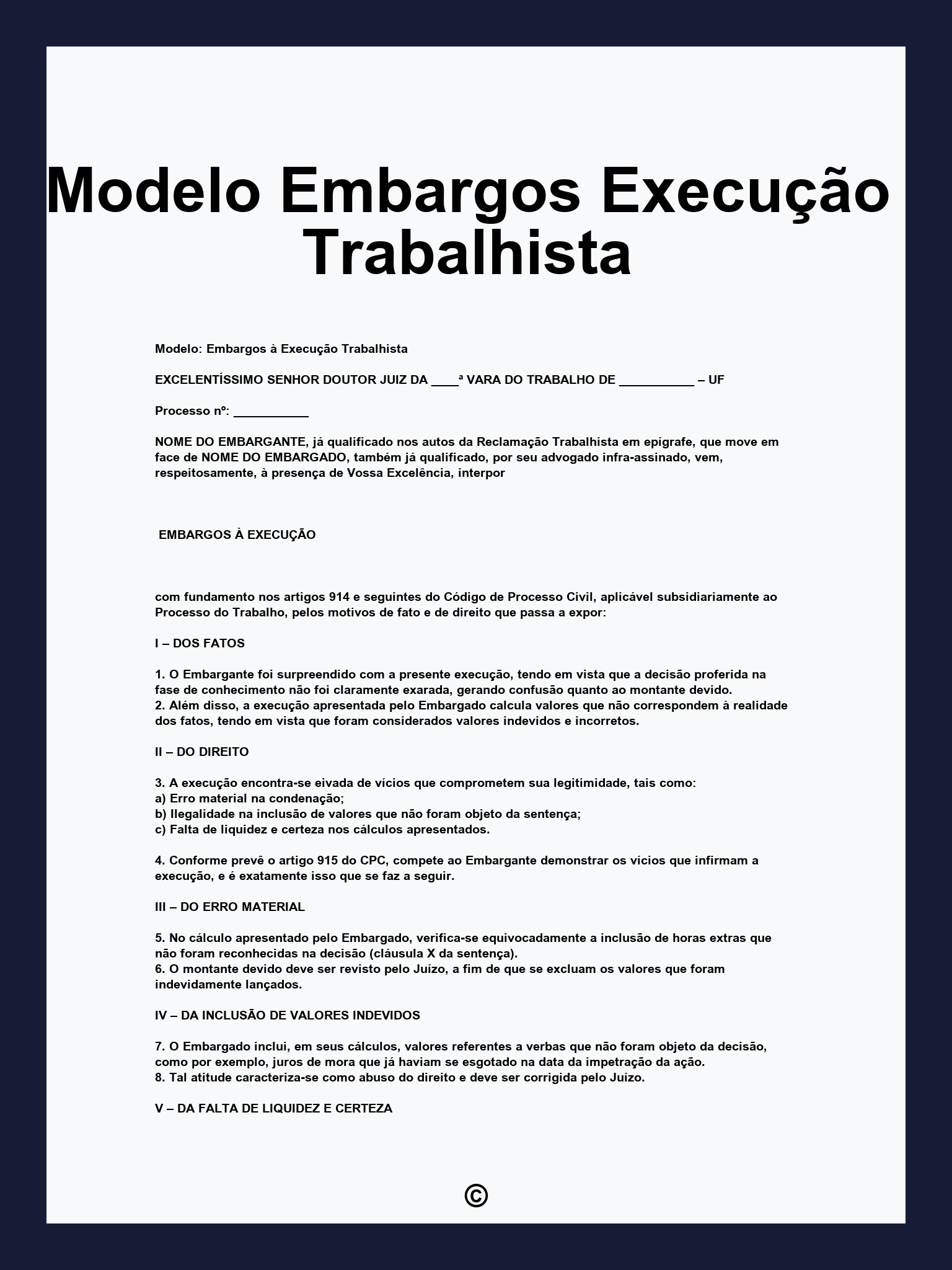 Modelo Embargos Execução Trabalhista