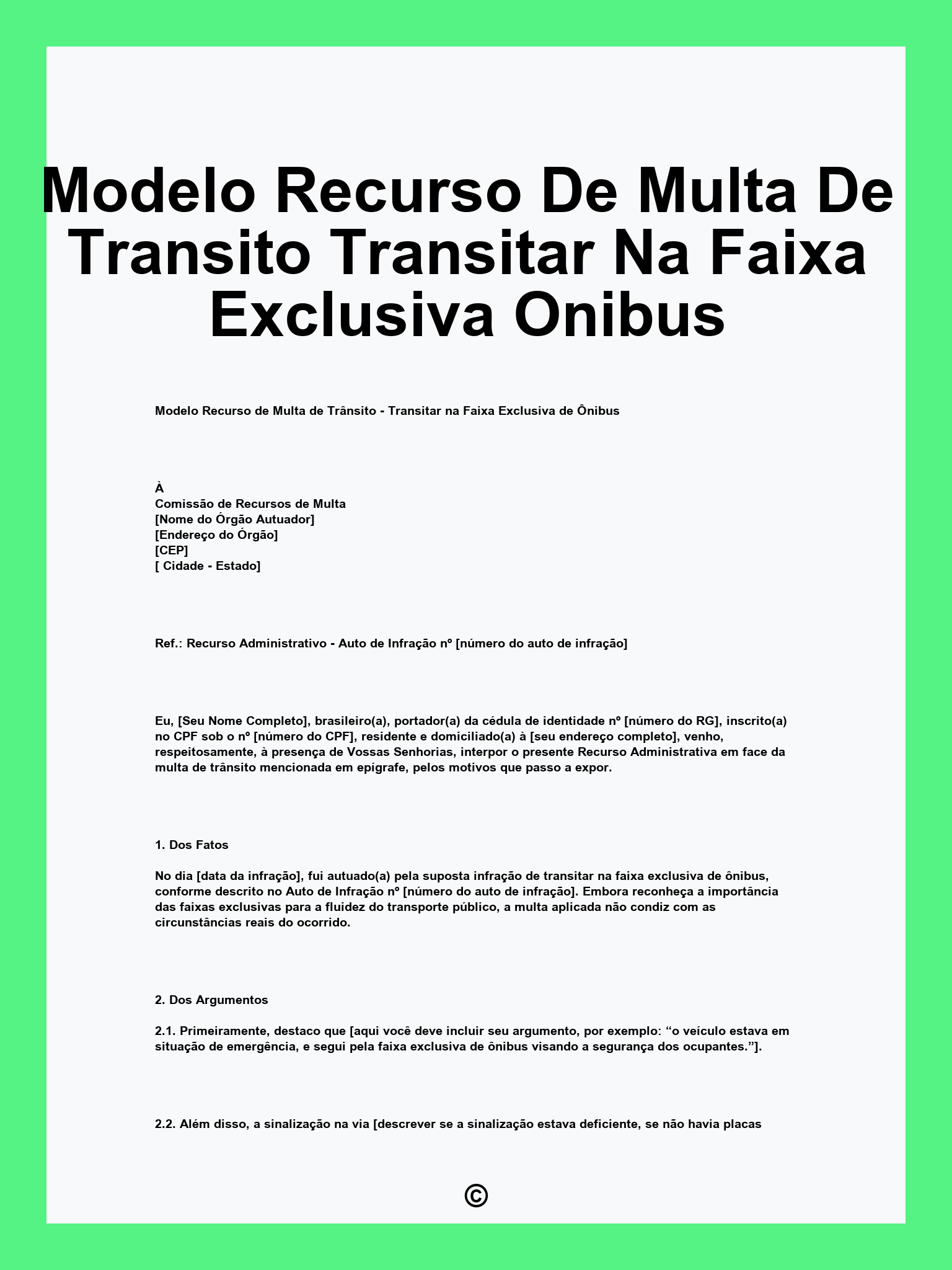 Modelo Recurso De Multa De Transito Transitar Na Faixa Exclusiva Onibus