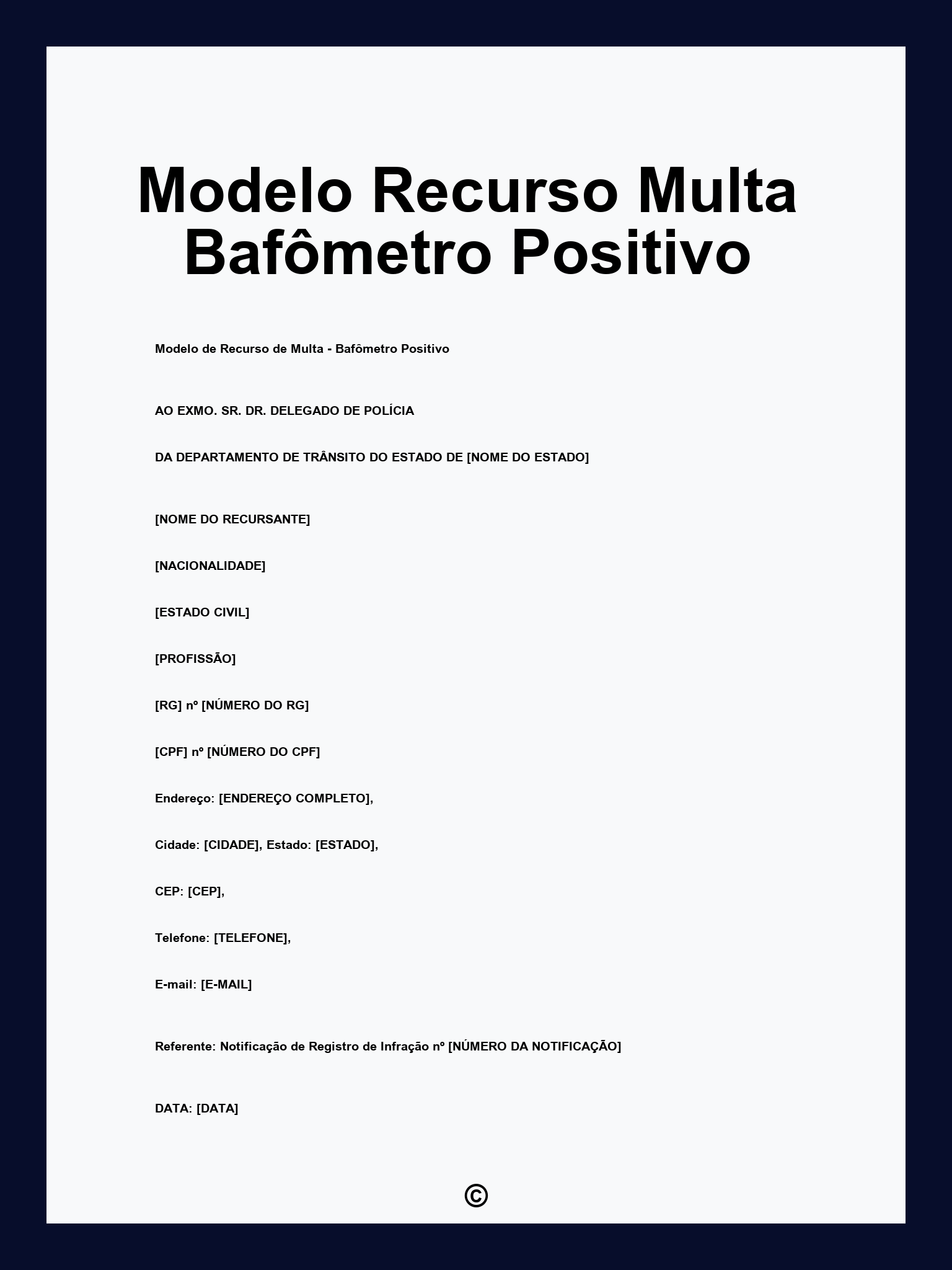 Modelo Recurso Multa Bafômetro Positivo